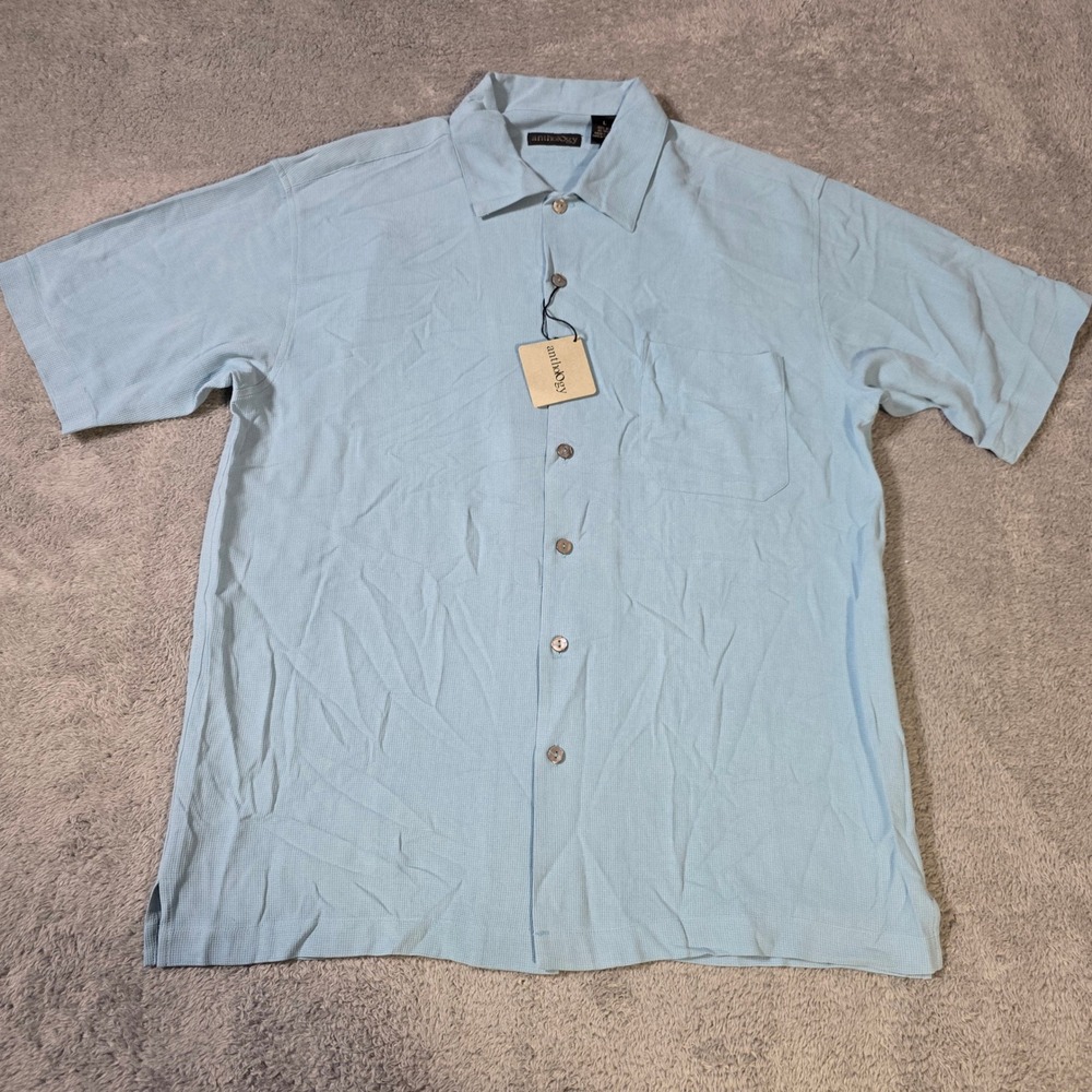 Anthology Mens L Shirt Light‎ Blue 100% Silk Textured Waffle Short Sleeve Button